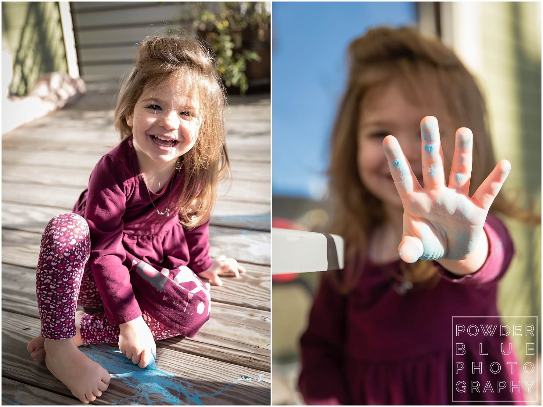 little girl playing outside with chalk. child photographer pittsburgh.