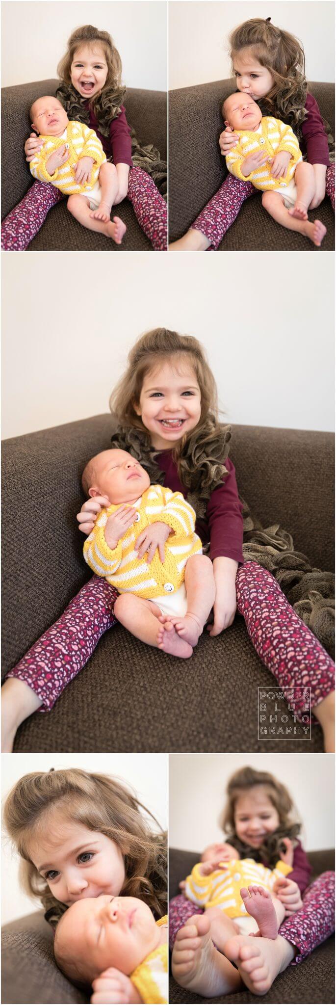 lifestyle newborn photography sibling portrait with baby girl and toddler sister.