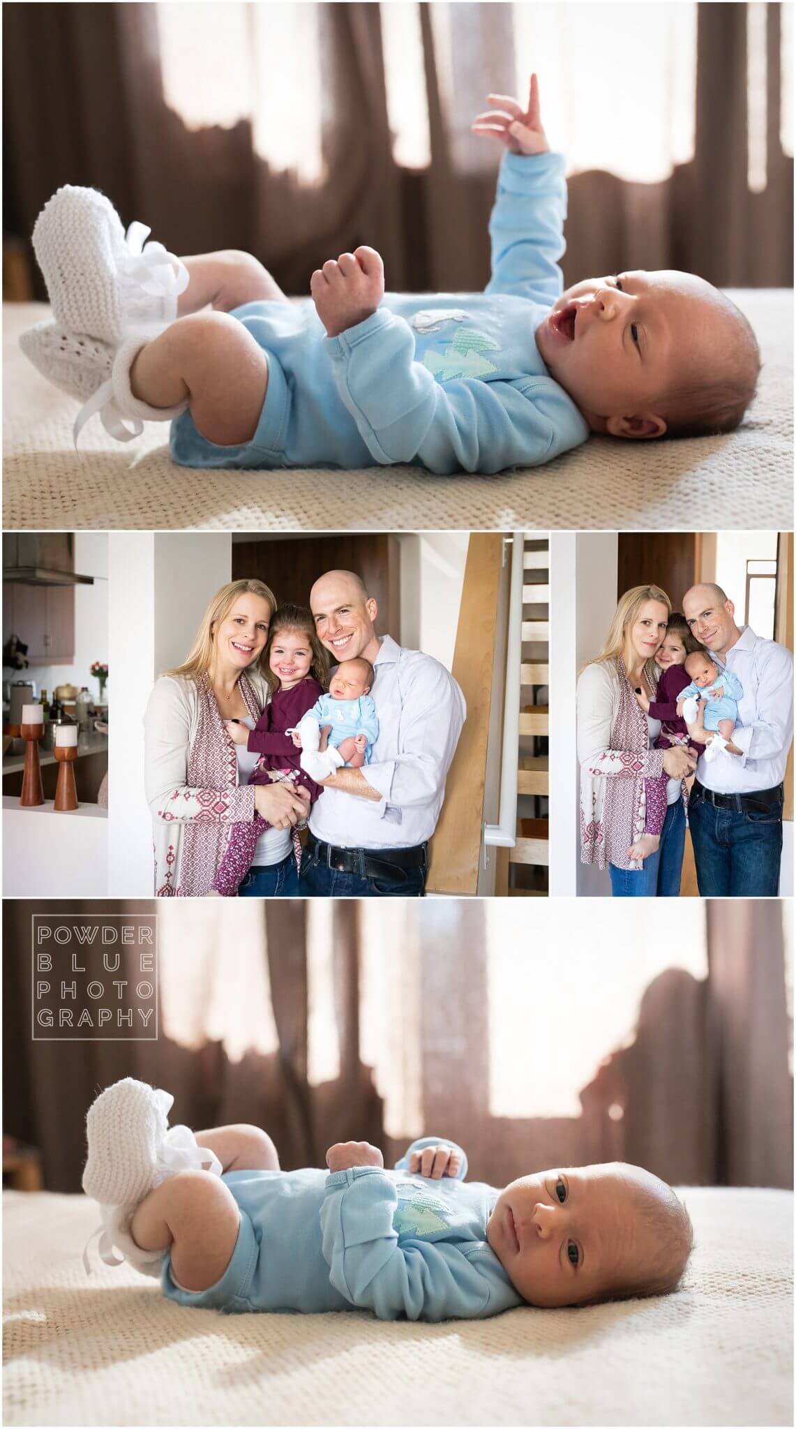 newborn lifestyle photography pittsburgh. baby in blue onesie on a bed.