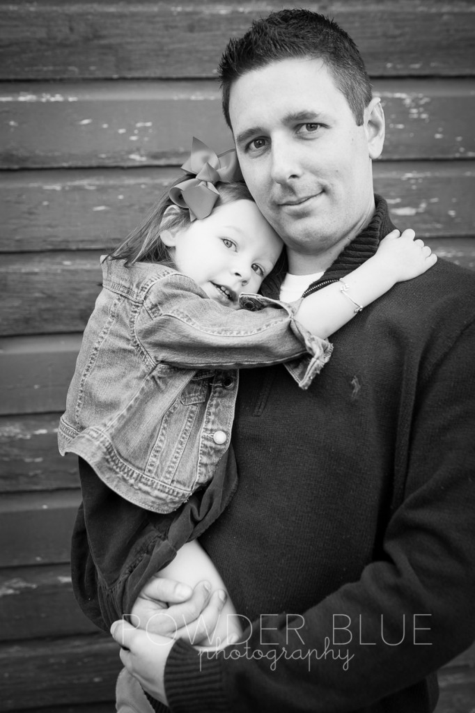 daddy saughter portrait in front of a barn, black and white, toddler. © 2013 Powder Blue Photography. www.powderbluephoto.com