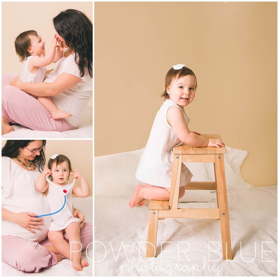 studio maternity portrait eggnog background