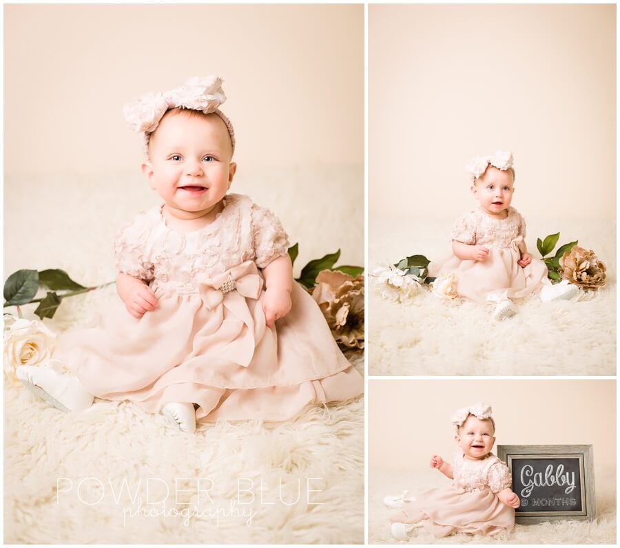 9 month old baby girl studio portrait with cream flokati run and eggnog seamless backdrop and chalkboard composite
