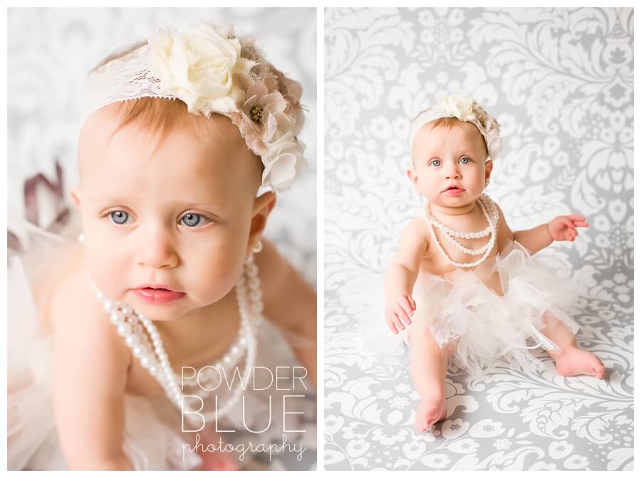 9 month old baby girl studio portrait with cream flokati run and eggnog seamless backdrop pearls tutu headband