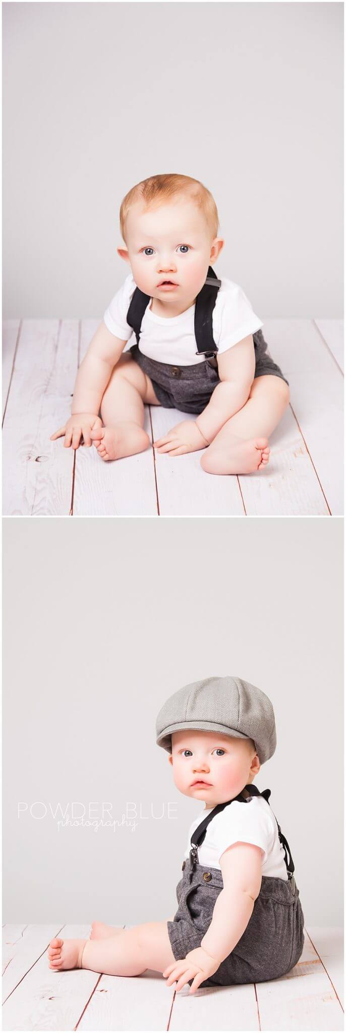pittsburgh baby portrait in studio with slate grey seamless savage backdrop.