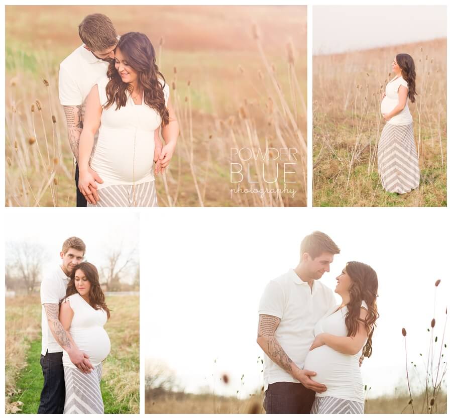 maternity portrait on location tall grassy fields and backlighting golden hour pittsburgh