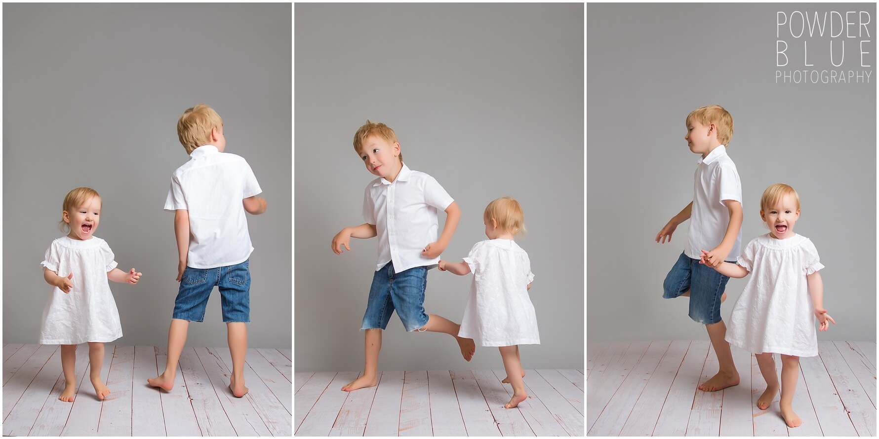 studio portrait kids on grey seamless backdrop