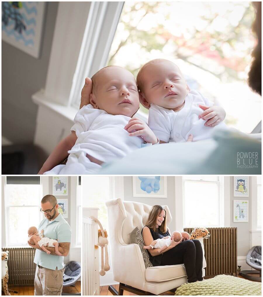 identical twin newborn baby boys pittsburgh photographer in nursery with exposed brick