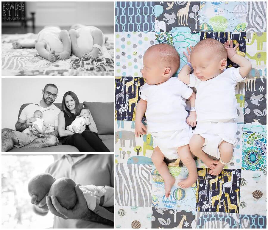 identical twin newborn baby boys pittsburgh photographer in nursery with exposed brick