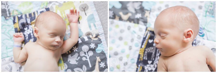 identical twin newborn baby boys pittsburgh photographer in nursery with exposed brick