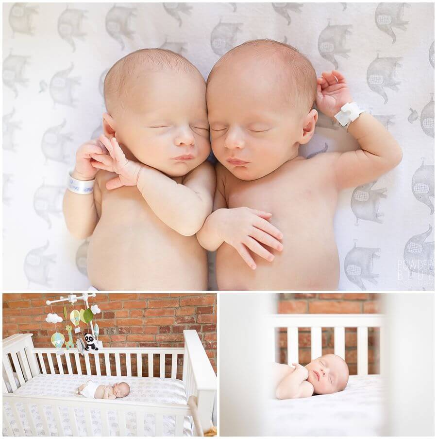 identical twin newborn baby boys pittsburgh photographer in nursery with exposed brick