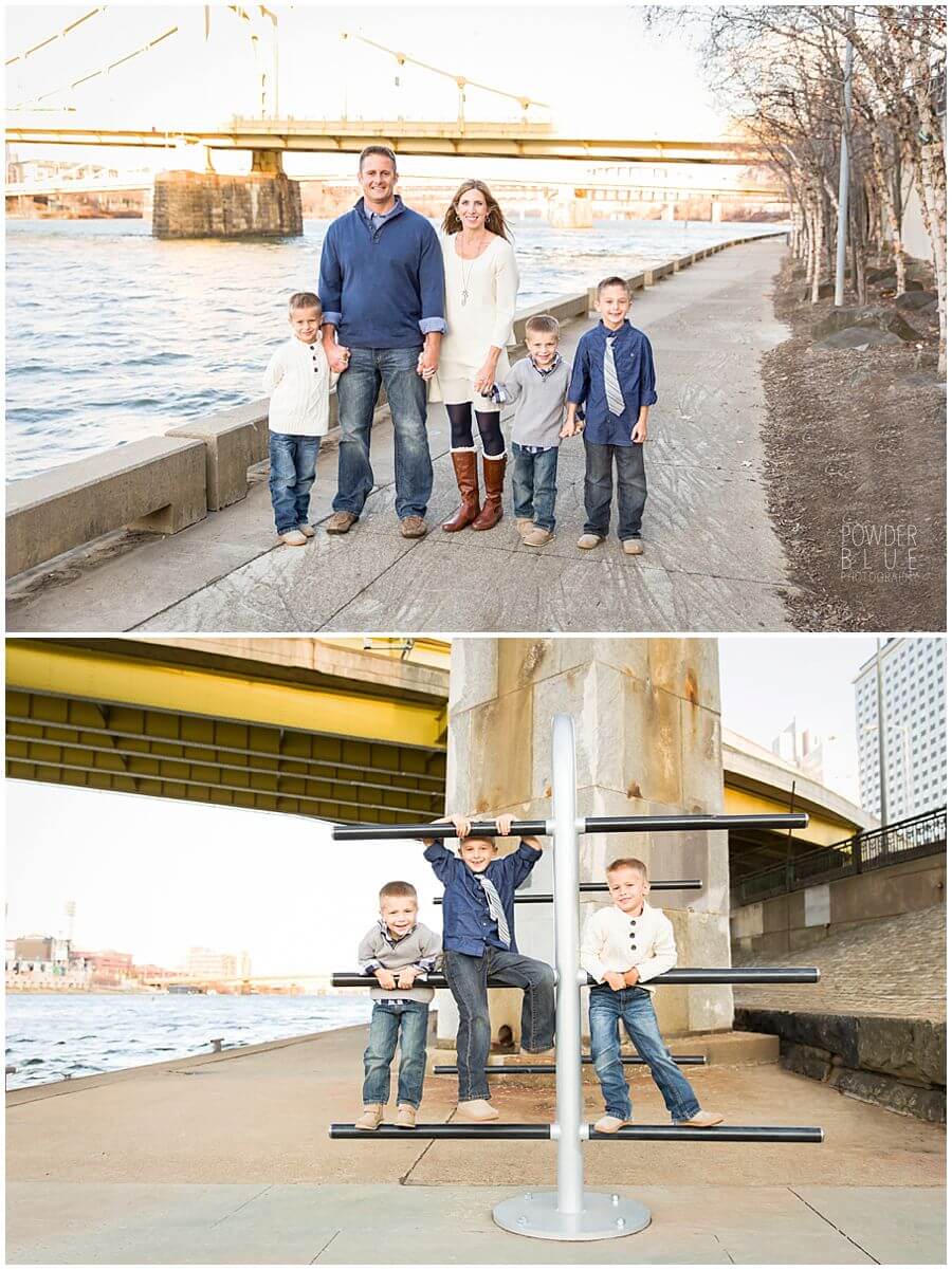 pittsburgh family portrait near yellow bridges and heinz field and point state park in pittsburgh