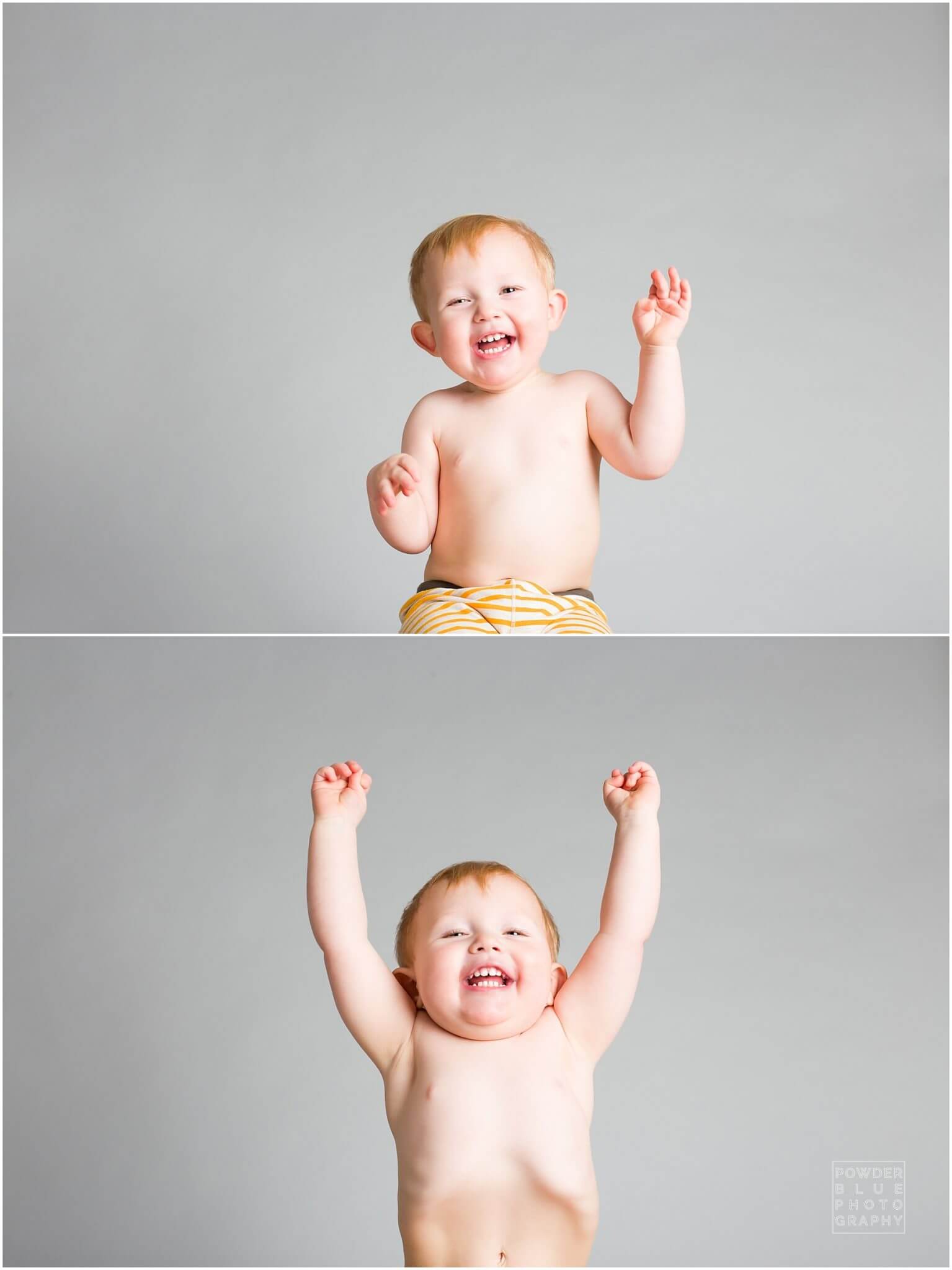 studio portrait of 18 month old baby boy on grey seamless backdrop.  simple, clean studio portrait of a child.