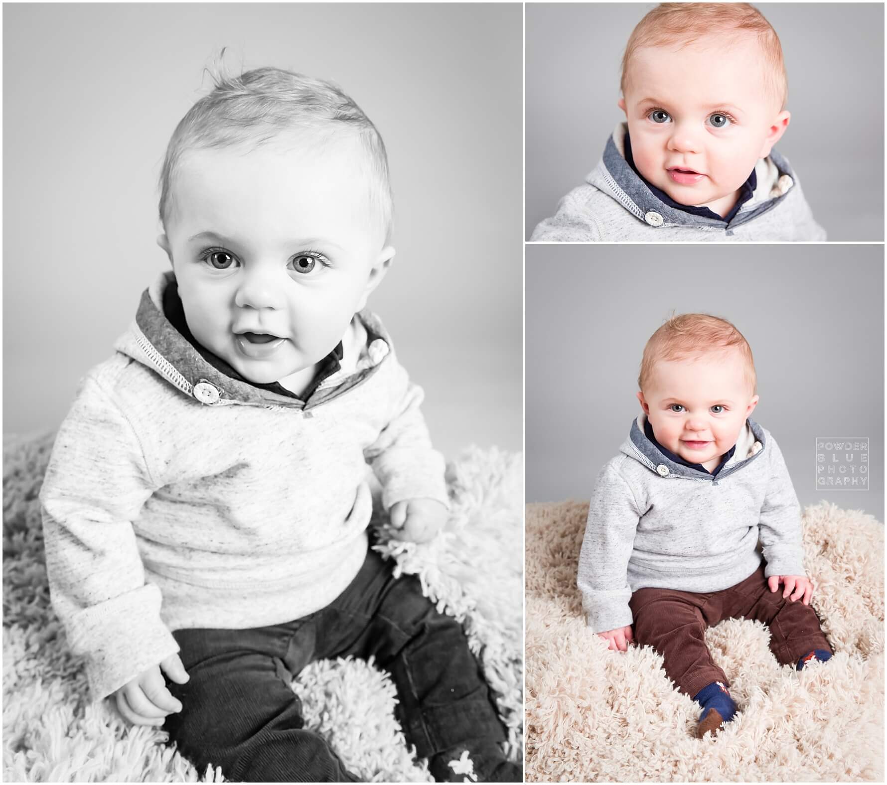 baby portrait in studio seamless savage backdrop grey