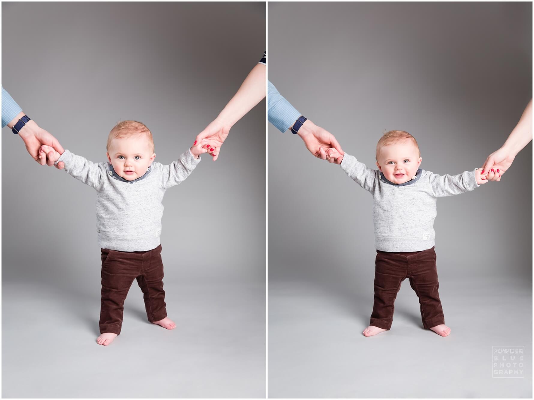 baby portrait in studio seamless savage backdrop grey