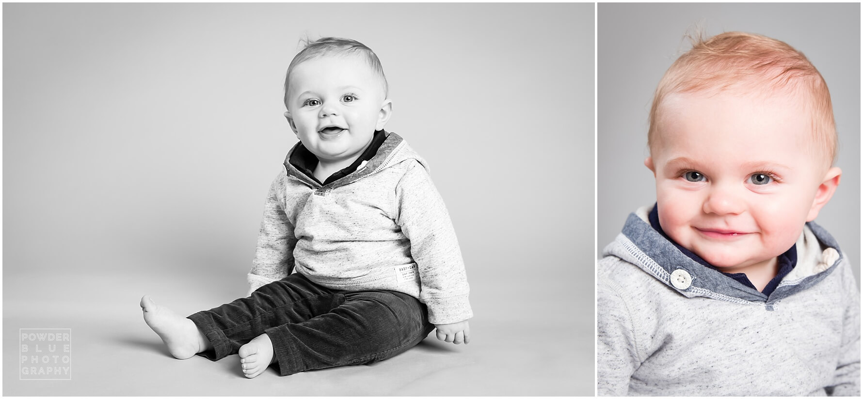 baby portrait in studio seamless savage backdrop grey