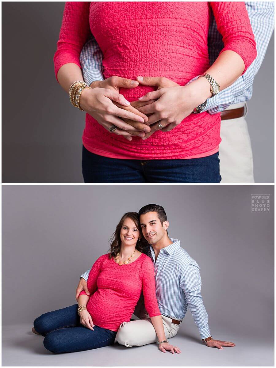 maternity portrait in studio grey seamless backdrop