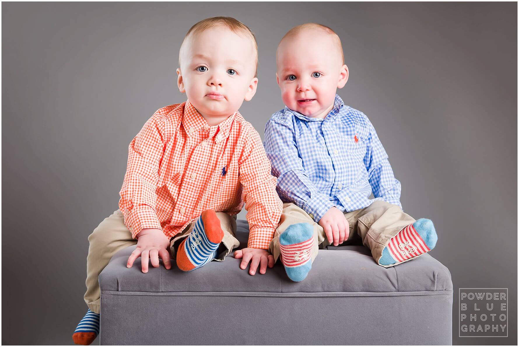 one year old twins studio portrait ralph lauren collared button down shirts toddler kids orange & blue