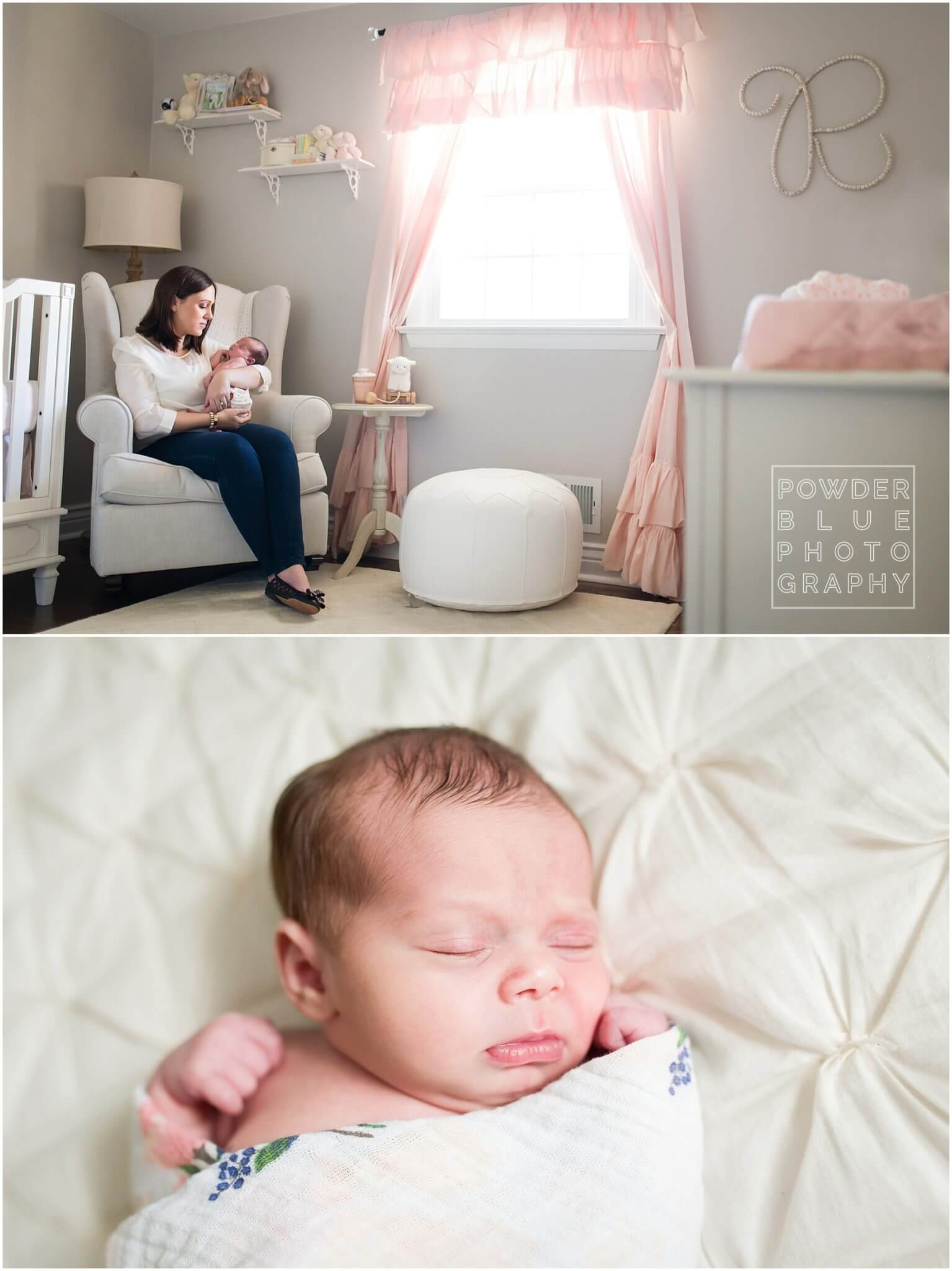 pittsburgh lifestyle newborn photography session in home baby girl roses pink and grey nursery