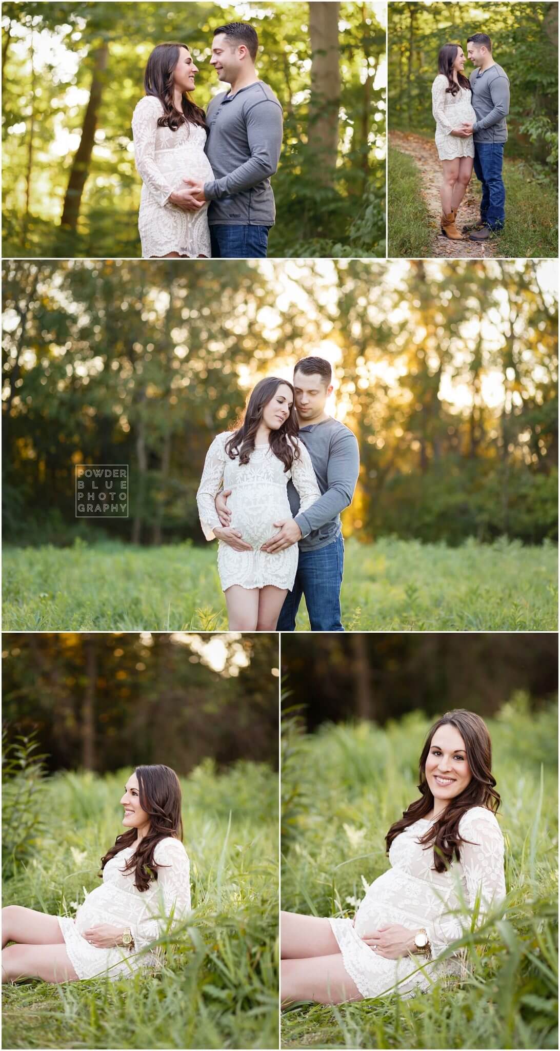 pittsburgh on location maternity session with woman in white lace dress at 33 weeks pregnant. South Hills Pittsburgh Maternity Photographer Missy Timko at Powder Blue Photography.