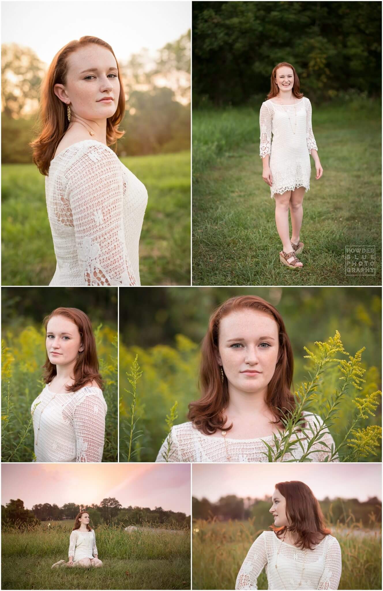 pittsburgh senior portrait in field at sunset girl wearing white crochet dress