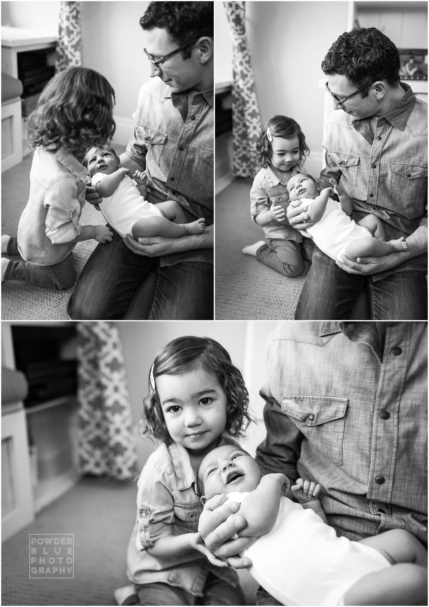 black and white lifestyle newborn session images of newborn baby boy with two year old sister. in home lifestyle newborn session at shady side home in pittsburgh. in home lifestyle session using canon 600 ex-rt speedlites.