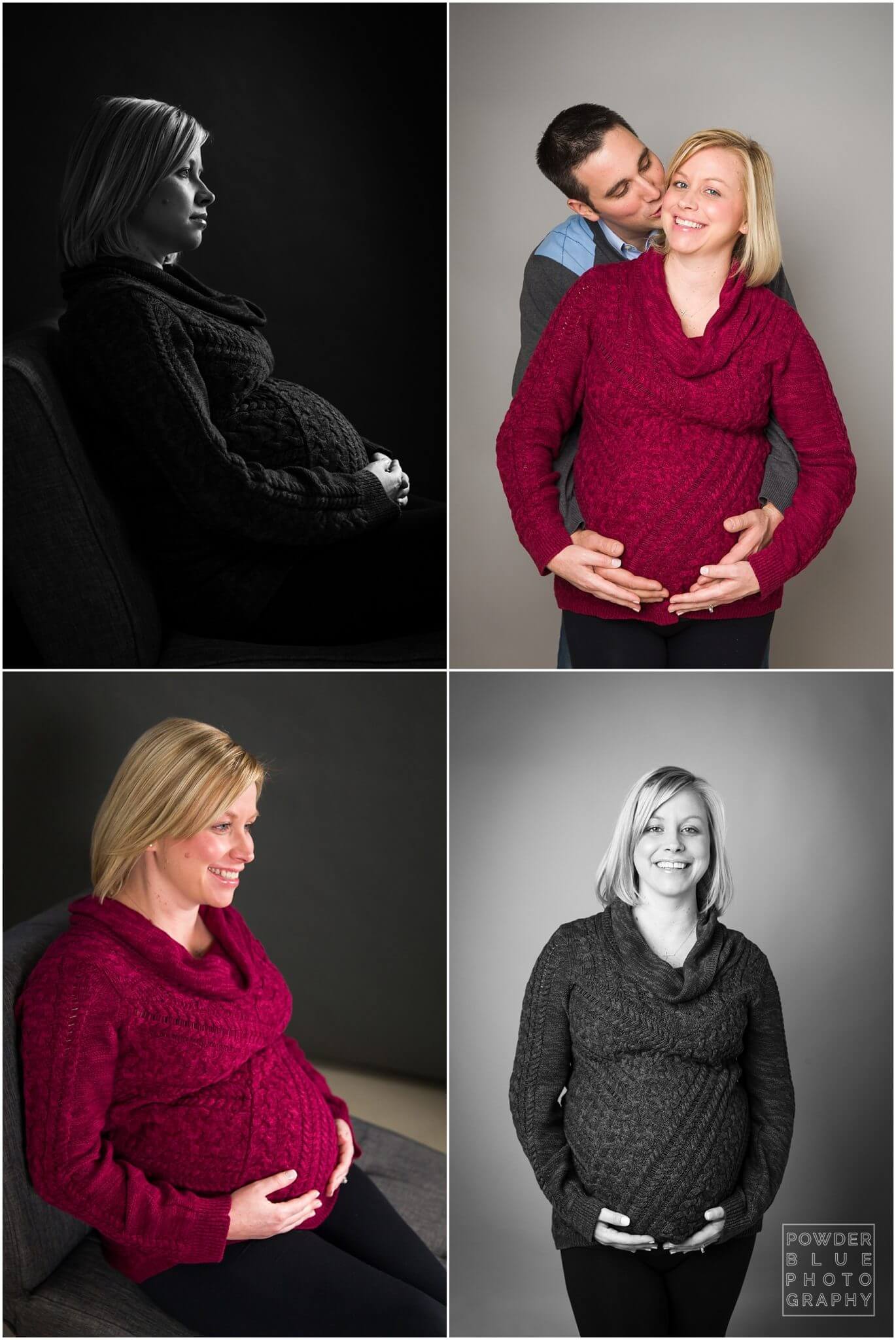 maternity portrait taken in a pittsburgh maternity photography studio. black and white and color images of twin pregnancy.