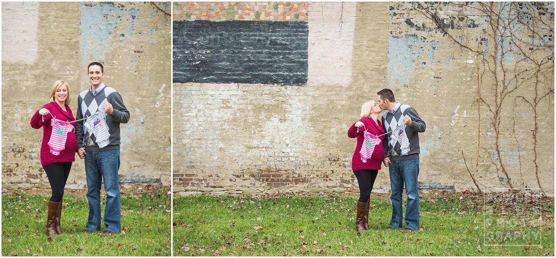 couple expecting boy girl twins holding up sports-themed mets onesies on a clothesline. twin pregnancy maternity session images. pittsburgh maternity photographer powder blue photography.