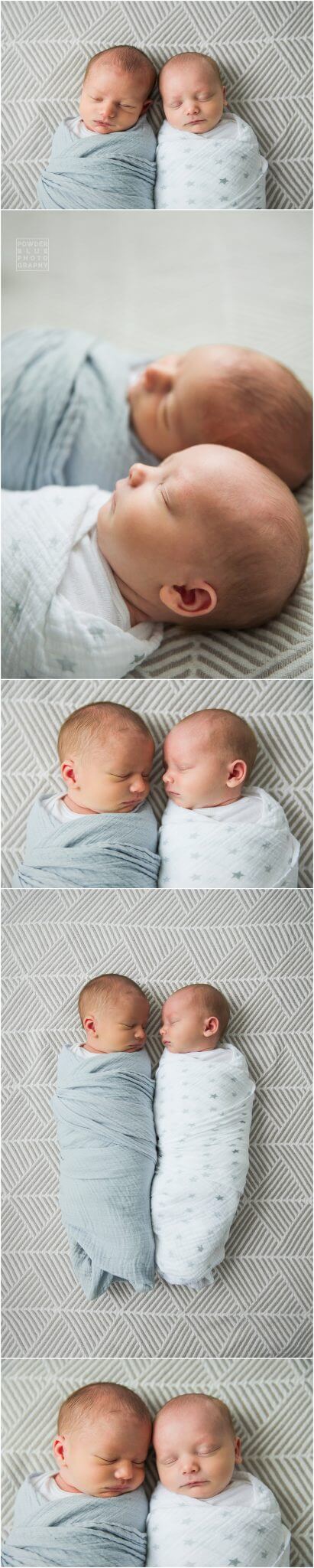 pittsburgh newborn photographer lifestyle photography session at powder blue photography studio. newborn twins lying on a blanket sleeping.