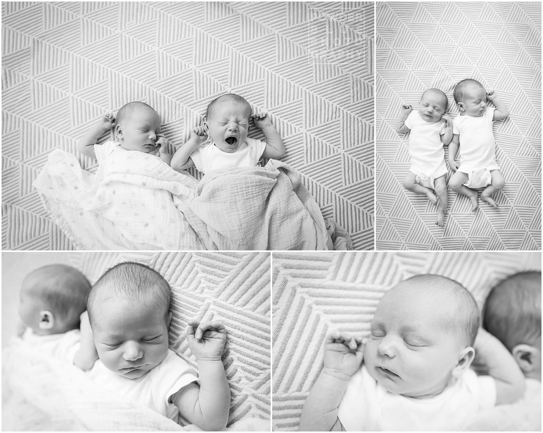 pittsburgh newborn photographer lifestyle photography session at powder blue photography studio. newborn twins lying on a blanket sleeping. fraternal boy girl twins pittsburgh.