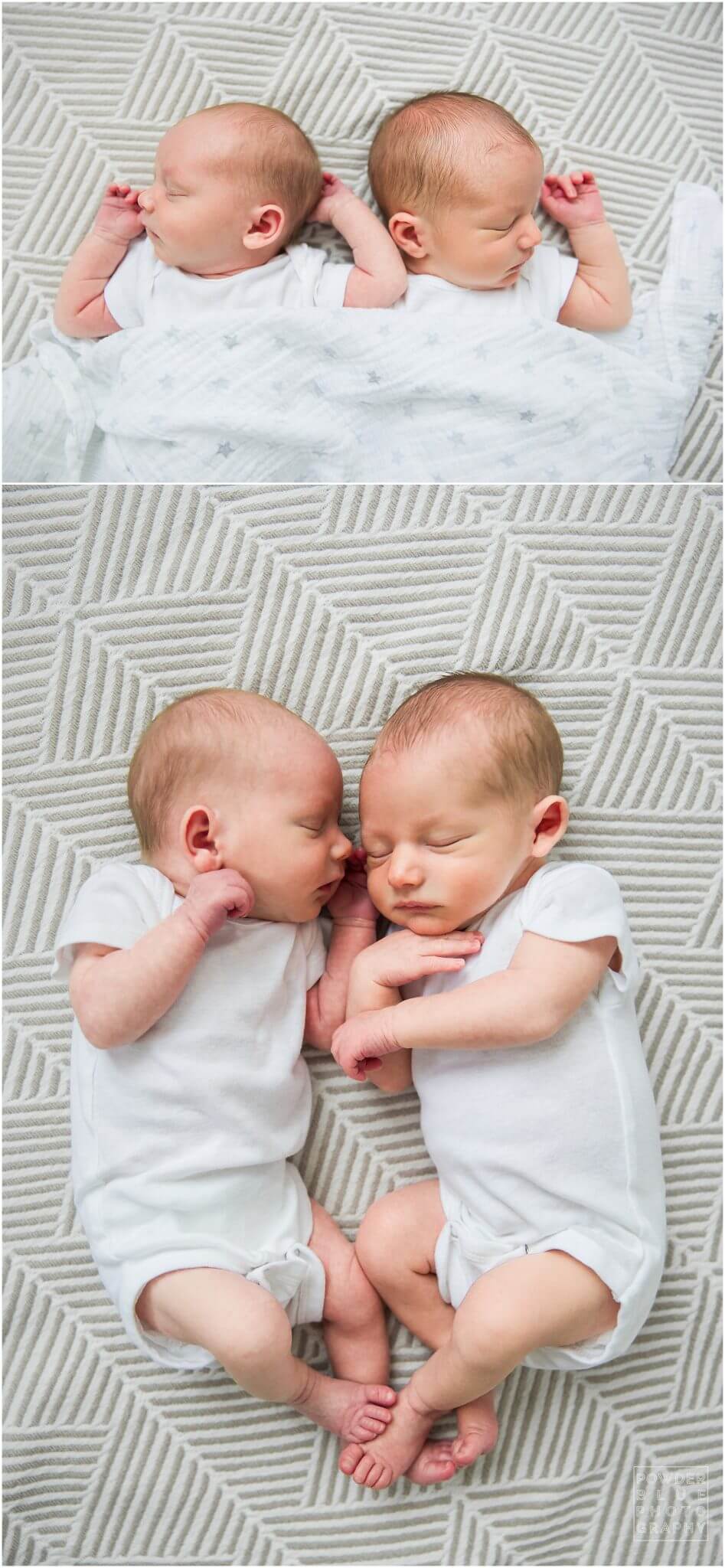 pittsburgh newborn photographer lifestyle photography session at powder blue photography studio. newborn twins lying on a blanket sleeping. fraternal boy girl twins pittsburgh.