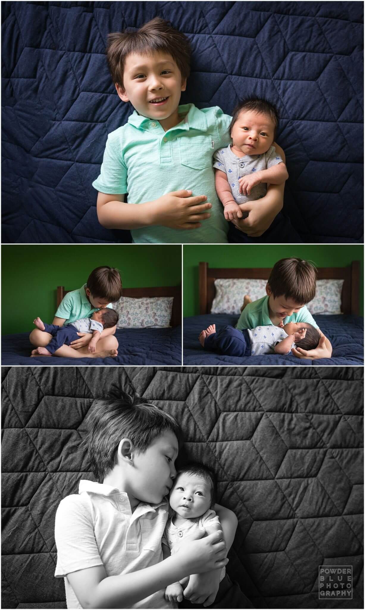 pittsburgh newborn photographer, baby on land of nod circle rug and pottery barn kids whale sheets. newborn baby no a bed with 5 year old brother. lifestyle newborn session in home. canon 24-70 mm l series lens.