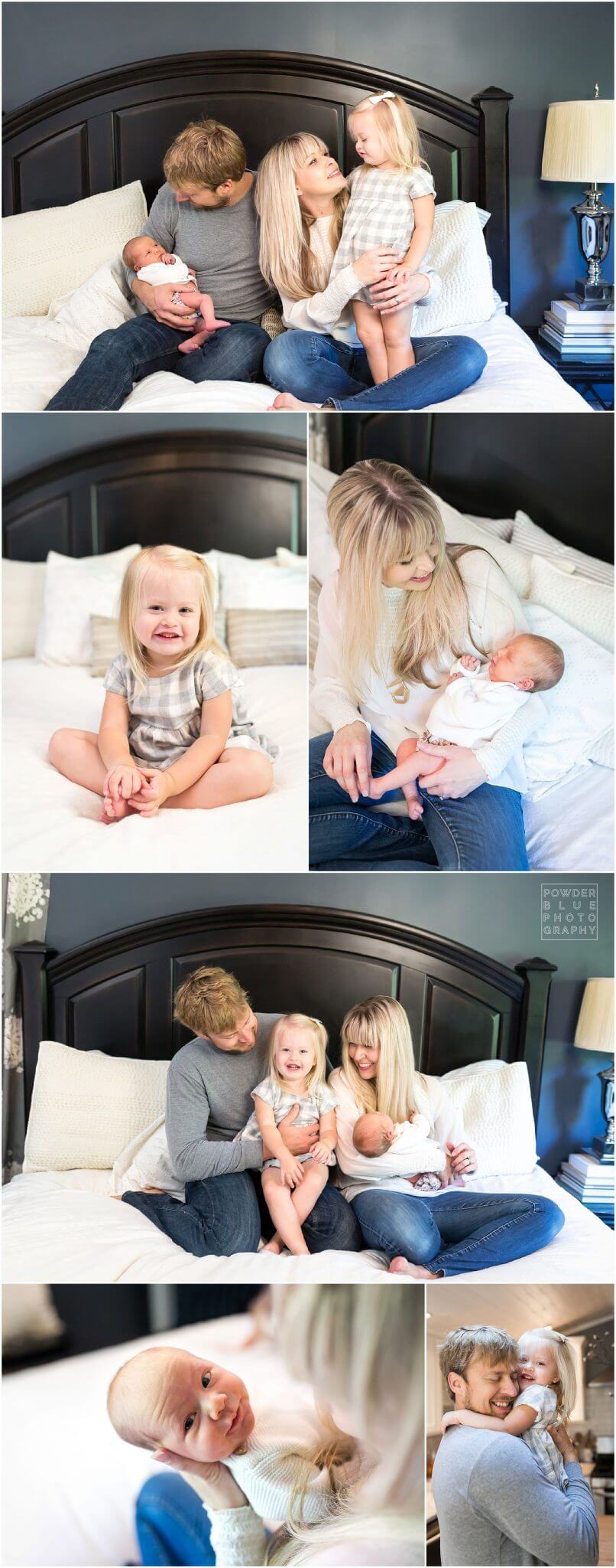 pittsburgh newborn photographer family session in home. baby girl in black wrap with floral print. Canon 600 ex-rt.