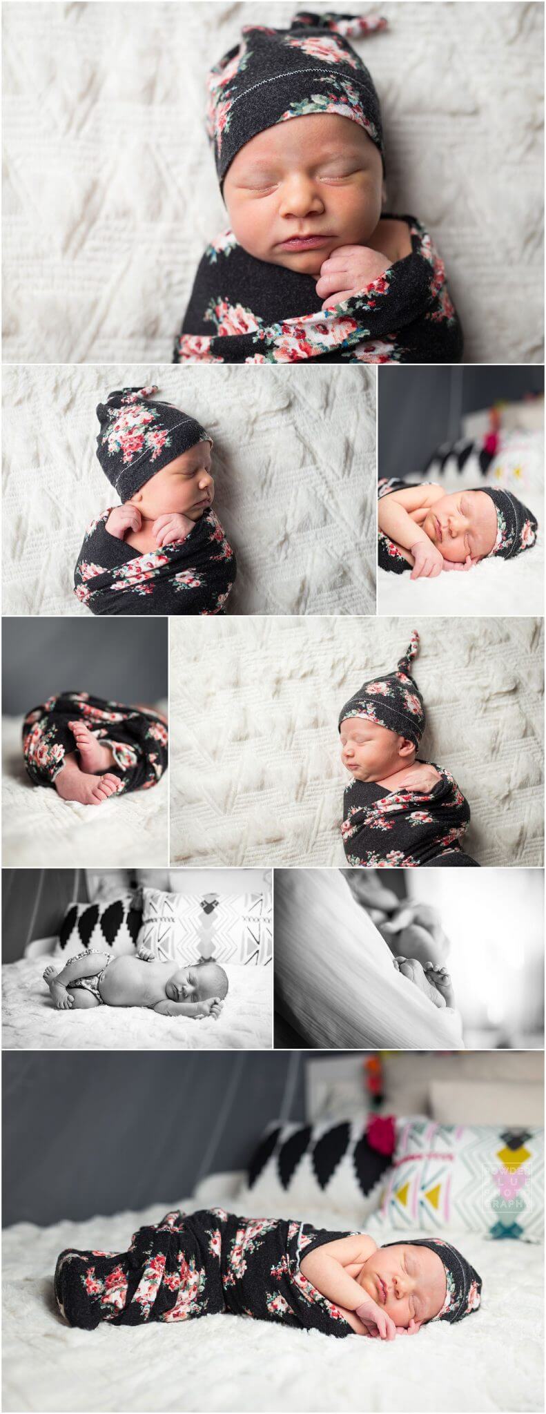 pittsburgh newborn photographer family session in home. baby girl in black wrap with floral print. Canon 600 ex-rt.