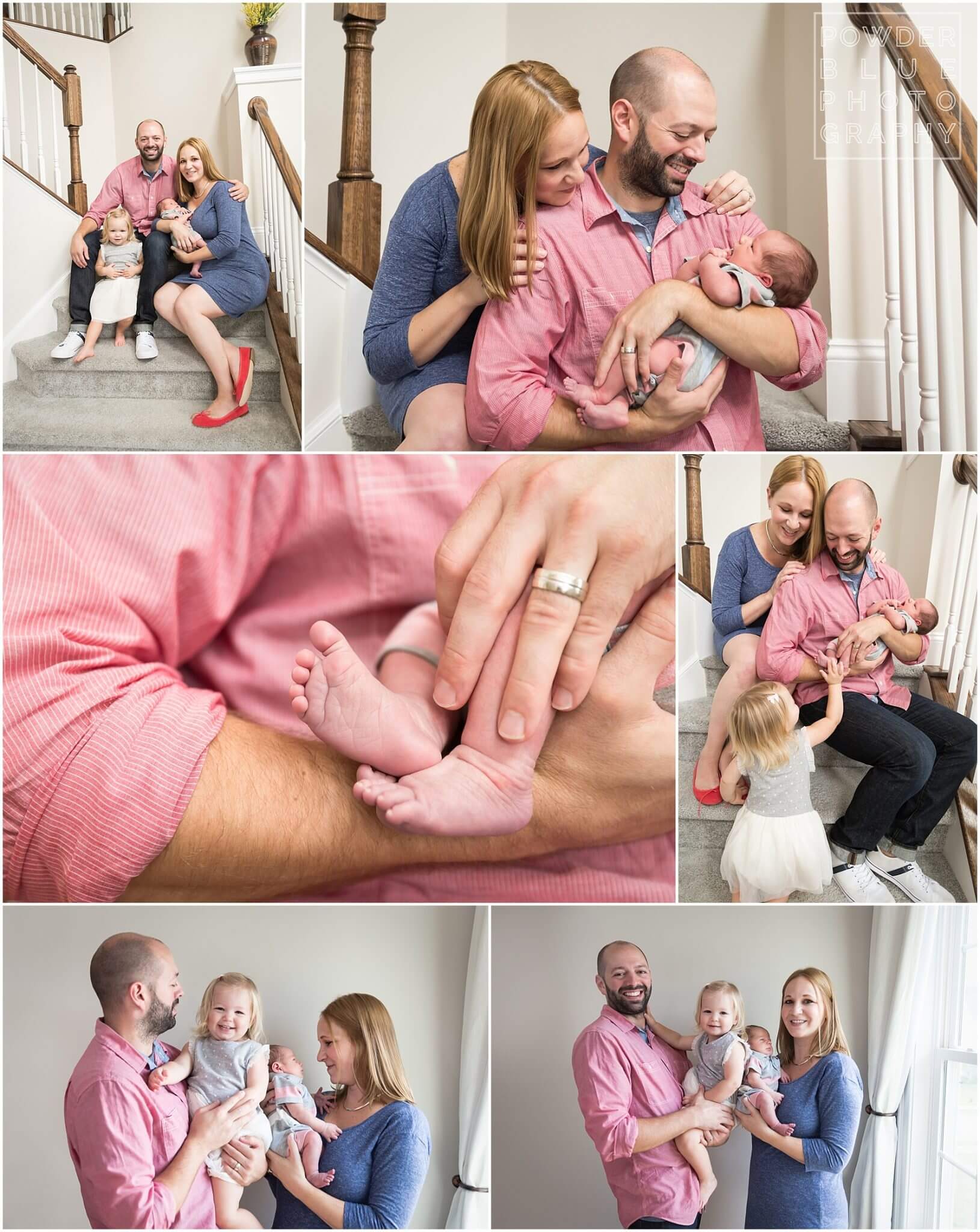 pittsburgh newborn photographer shoots in home lifestyle session with baby boy. land of nod hexagon rug. baby nursery in blue, orange, grey, and green. newborn baby with 2 year old sister.