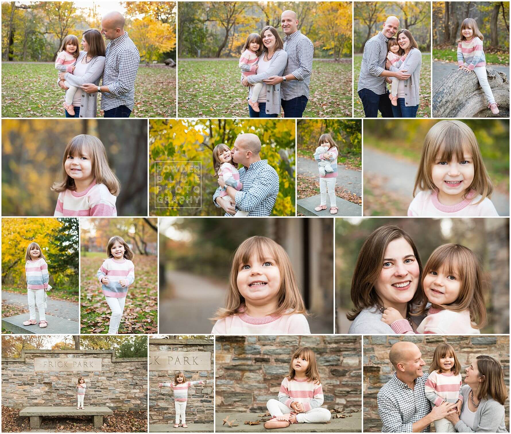 pittsburgh family photographer fall mini sessions in pittsburgh, pa at frick park with green and yellow fall leaves