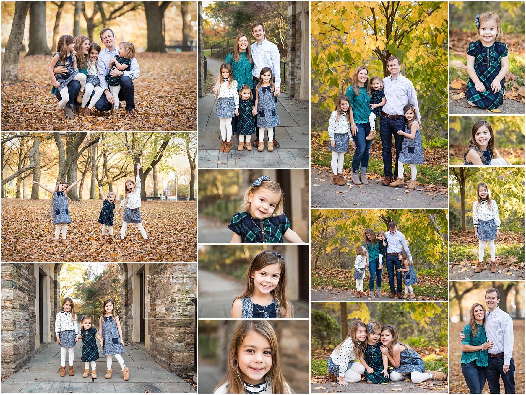 pittsburgh family photographer fall mini sessions in pittsburgh, pa at frick park with green and yellow fall leaves