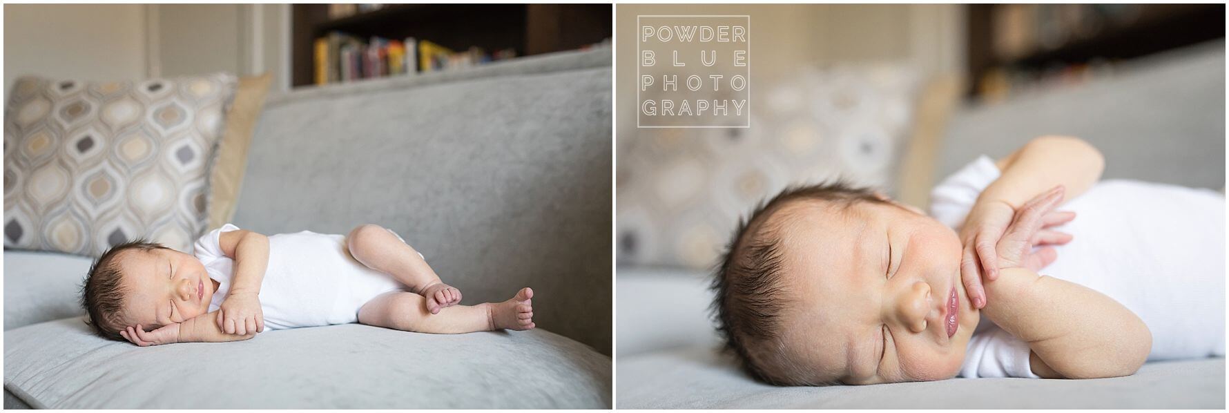 newborn baby boy in white onesie laying on grey velvet couch. pittsburgh newborn photographer missy timko's newest newborn in a natural pose in his home.