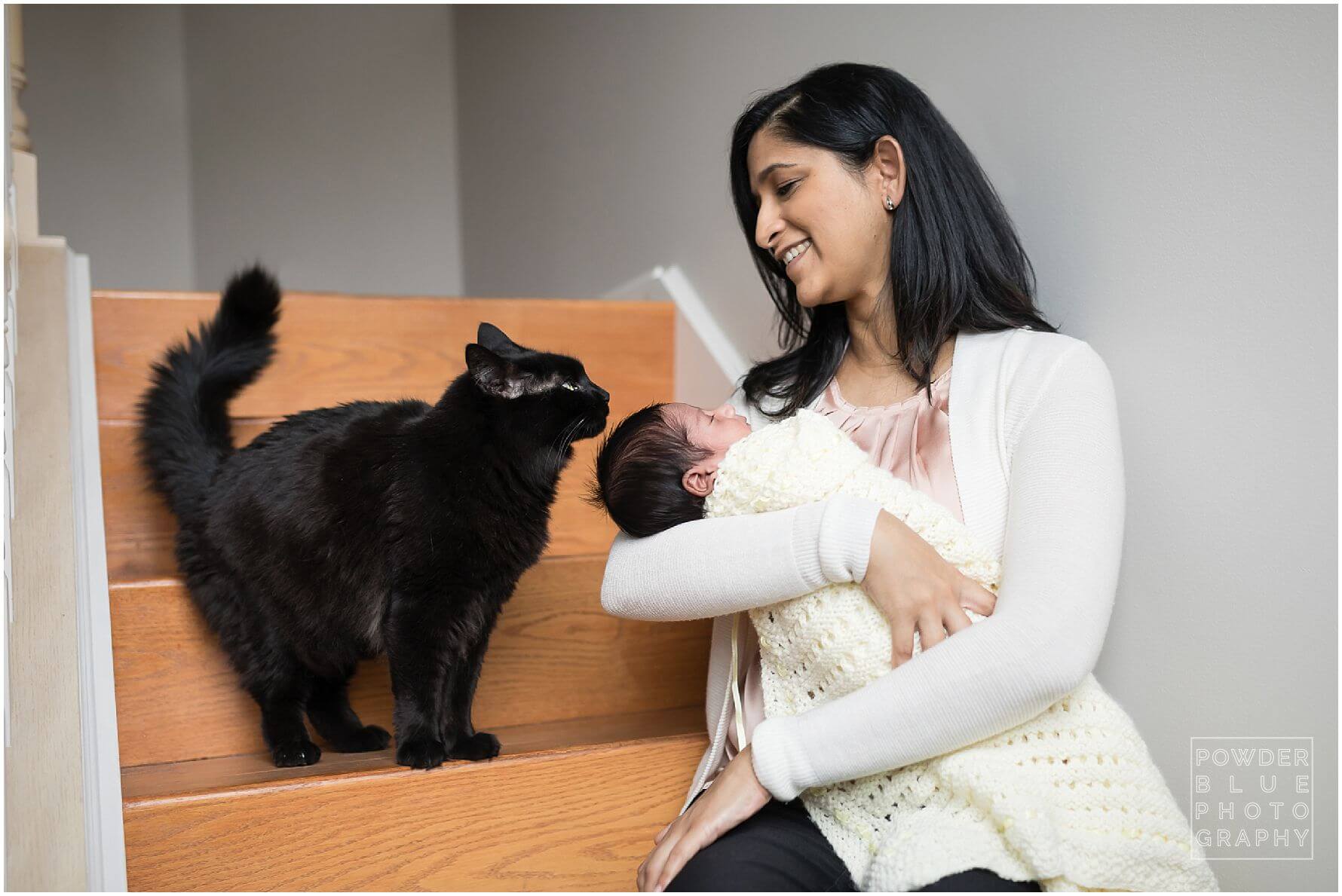 pittsburgh newborn photographer lifestyle photography session. newborn baby in black & white and color portraits on a bed in a home. with pet cat.