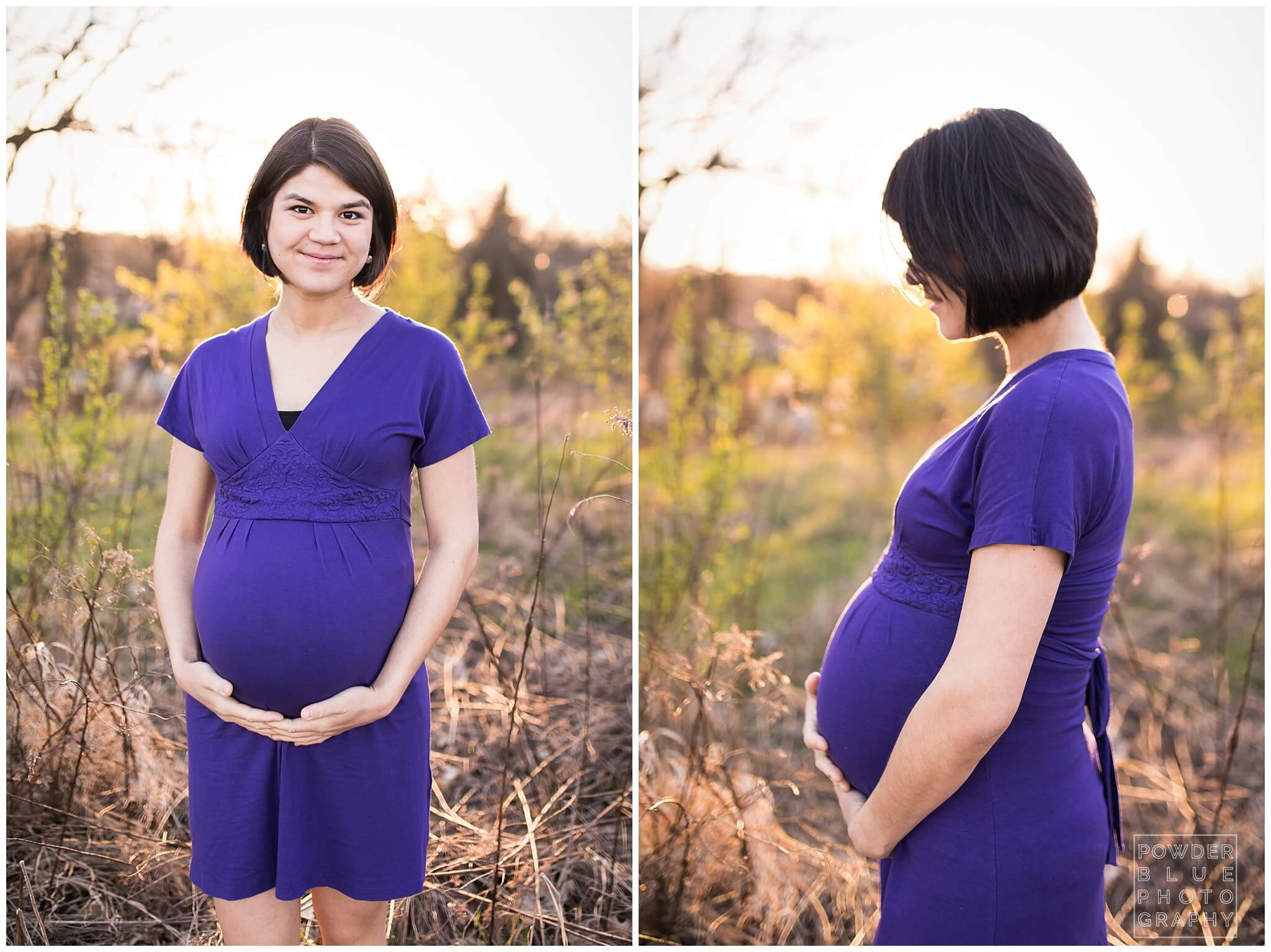 9 months pregnant maternity portrait purple dress standing in a field.