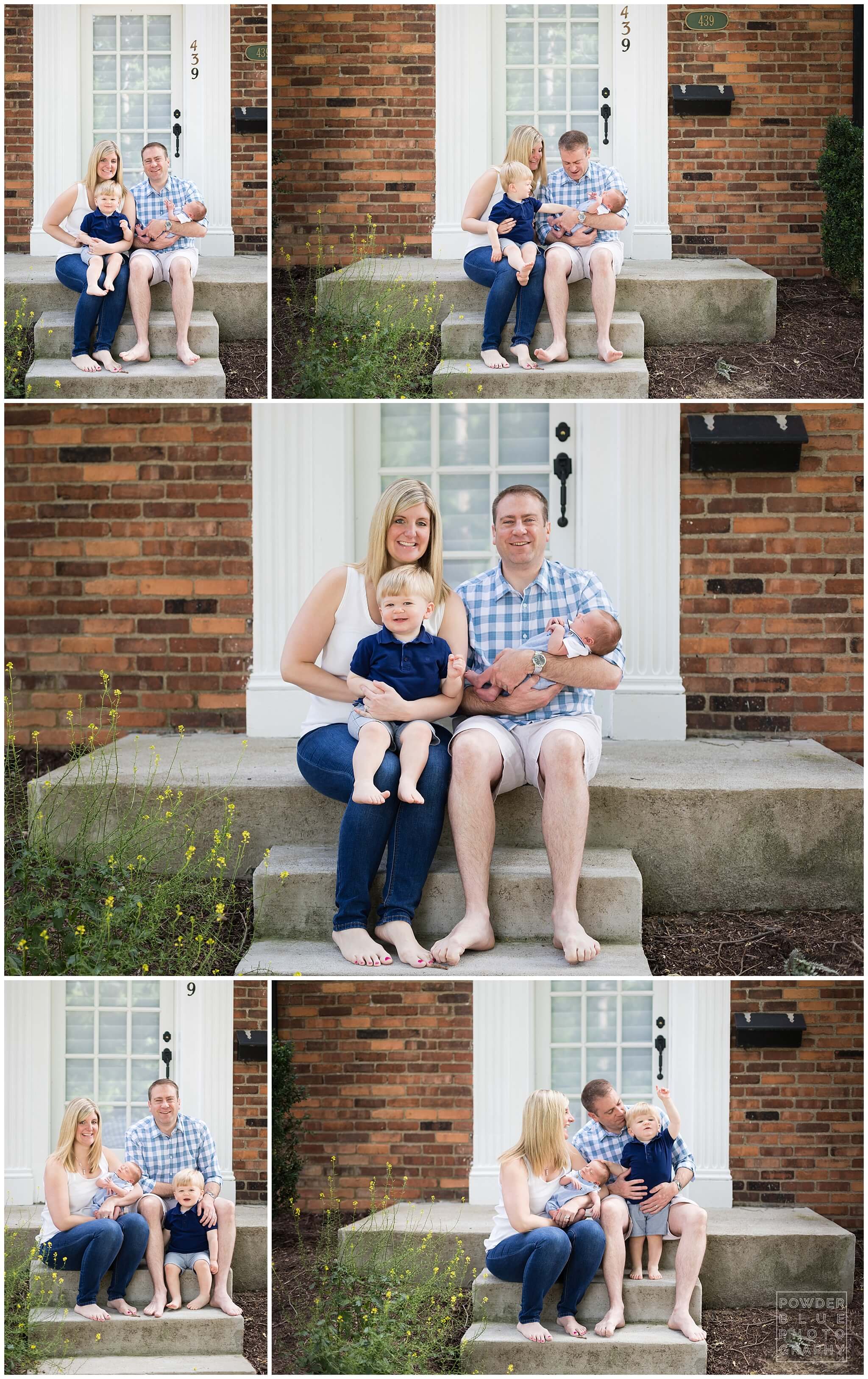 outdoor newborn family portraits on porch.
