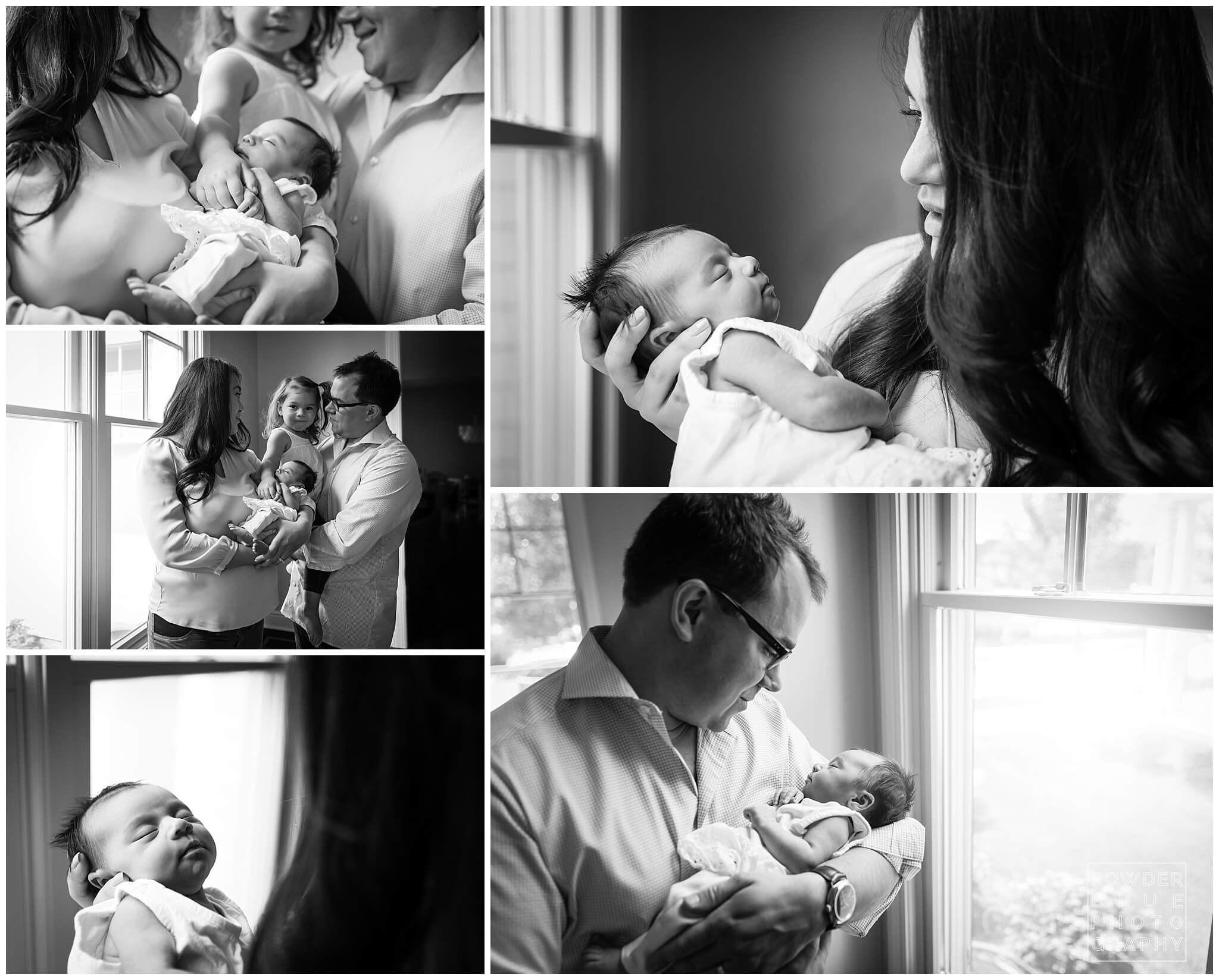 black and white photo. window. newborn. dad. family. Squirrel Hill.