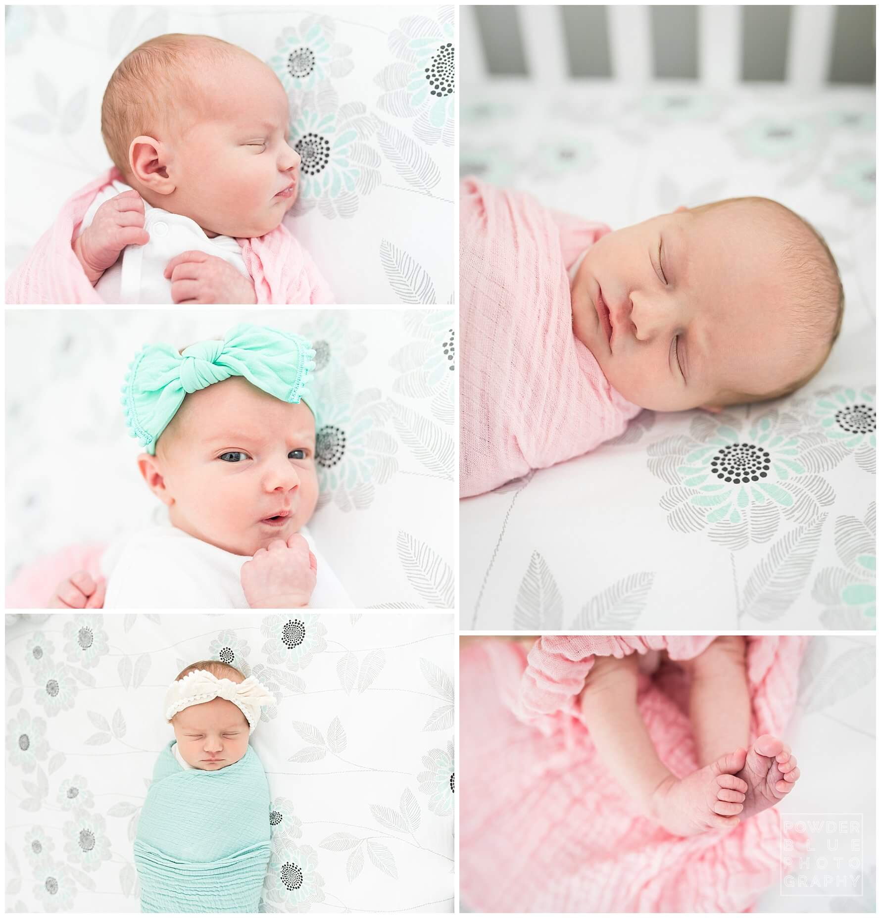 pittsburgh newborn photographer. simple, natural newborn portrait on location. baby girl. in crib. printed sheets. newborn feet. no props.