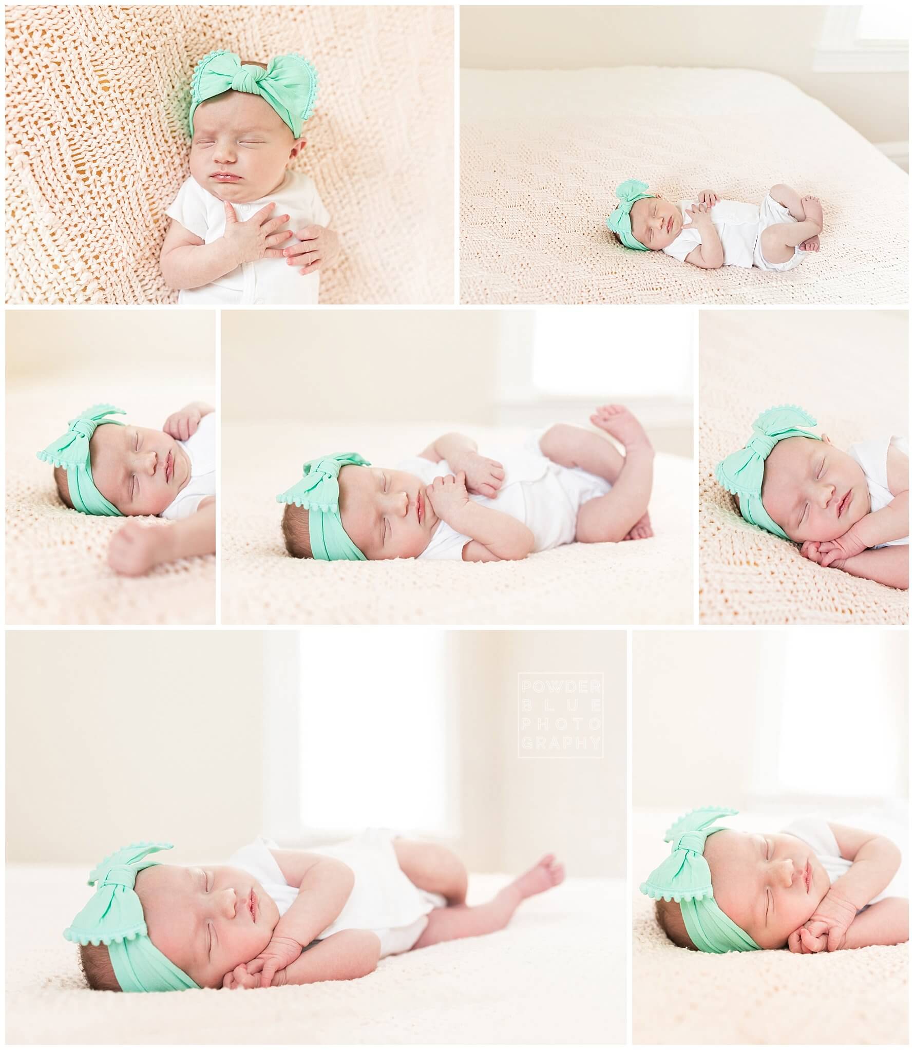 lifestyle newborn images on a bed using window light and fill flash.  newborn baby girl wearing green headband and a white kimono onesie.