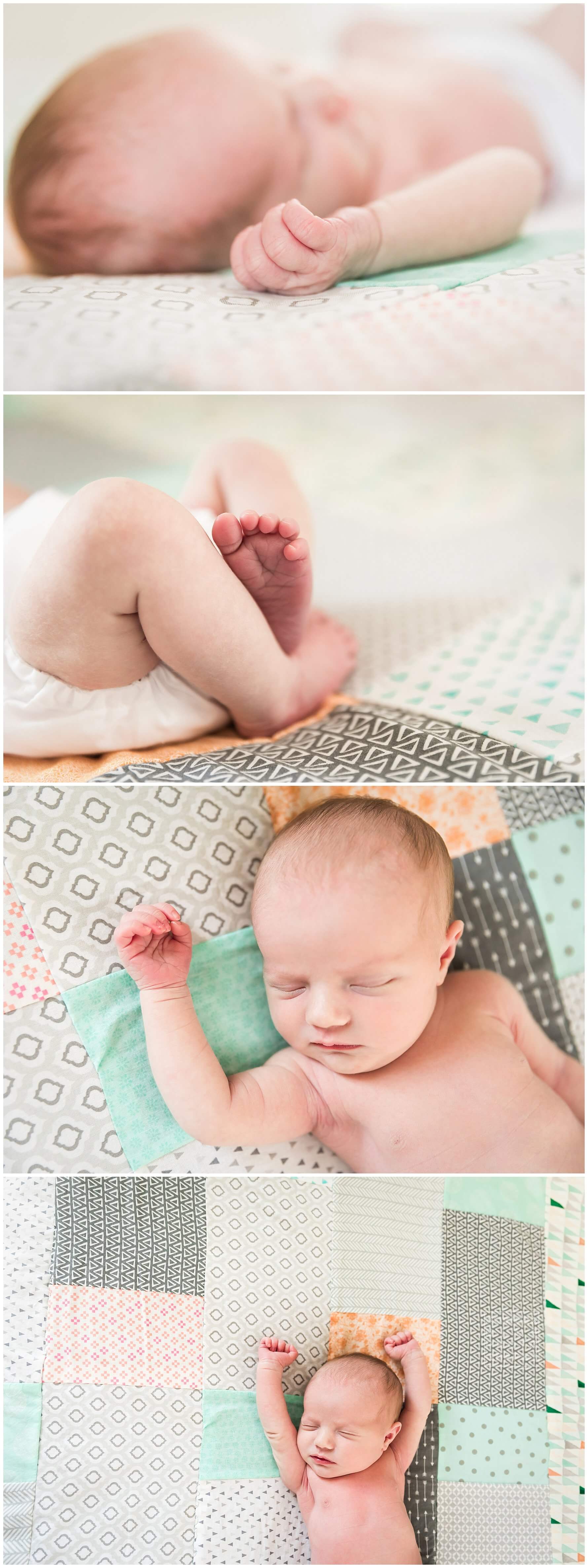 pittsburgh newborn photographer. simple, natural newborn portrait on location in white crib. baby girl. handmade quilt. 