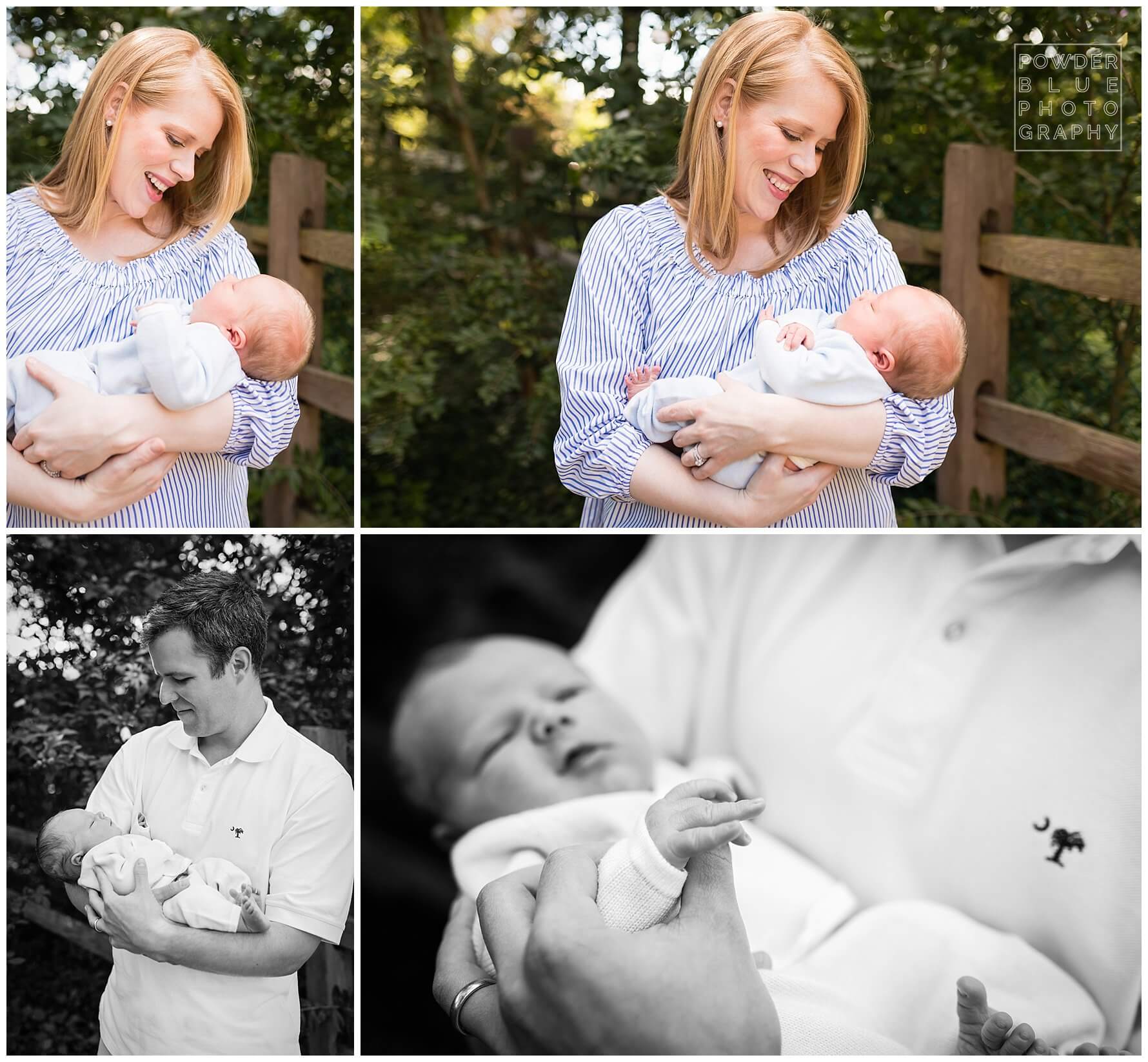 newborn, blue and white, on location, summer, black and white, dad, mom