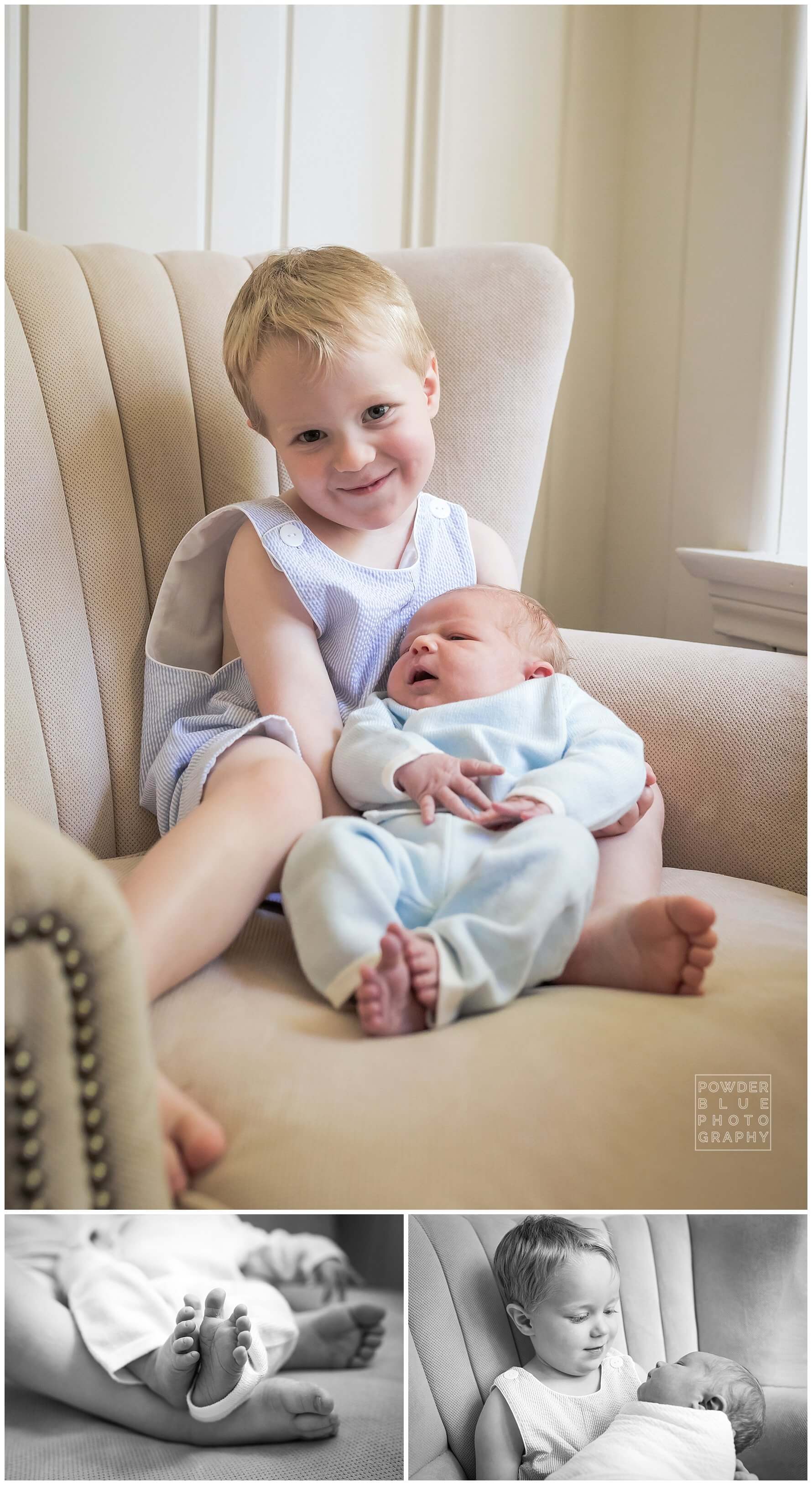 newborn, blue and white, neutral interior, baby feet, black and white