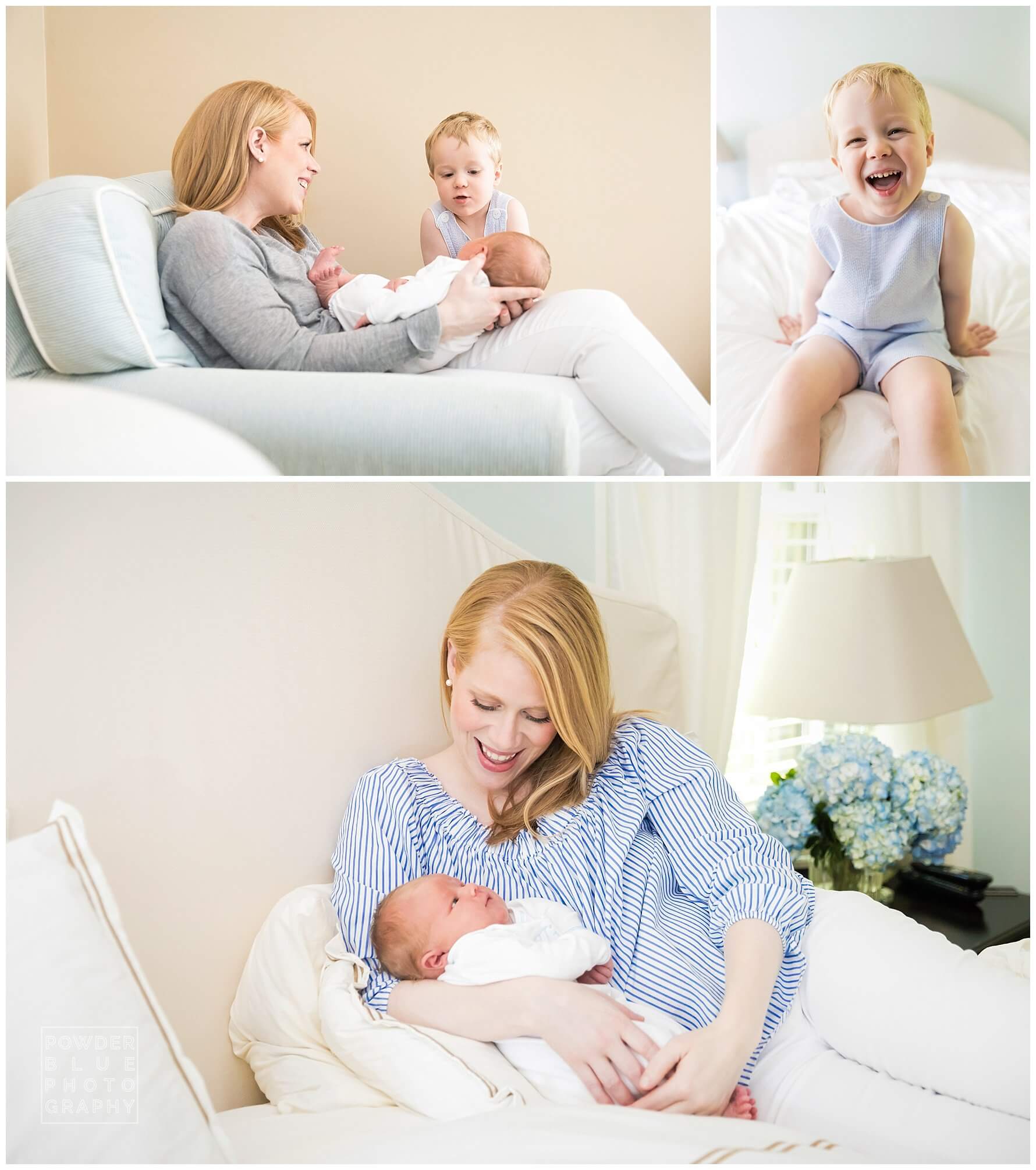 blue and white, neutral interior, newborn, toddler, mom and newborn