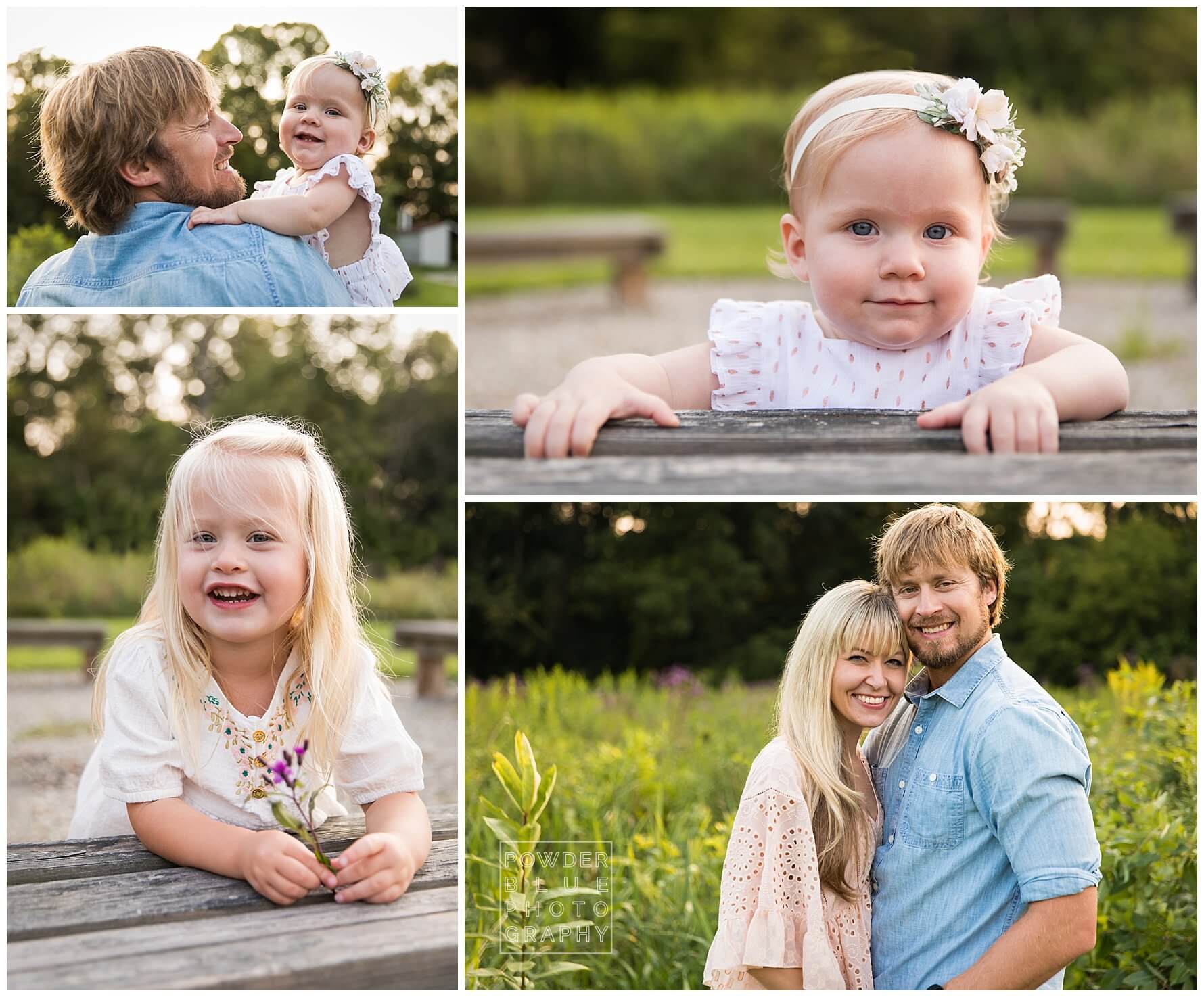 outdoor family portraits. neutral outfit ideas for family portraits. chambray pink white.