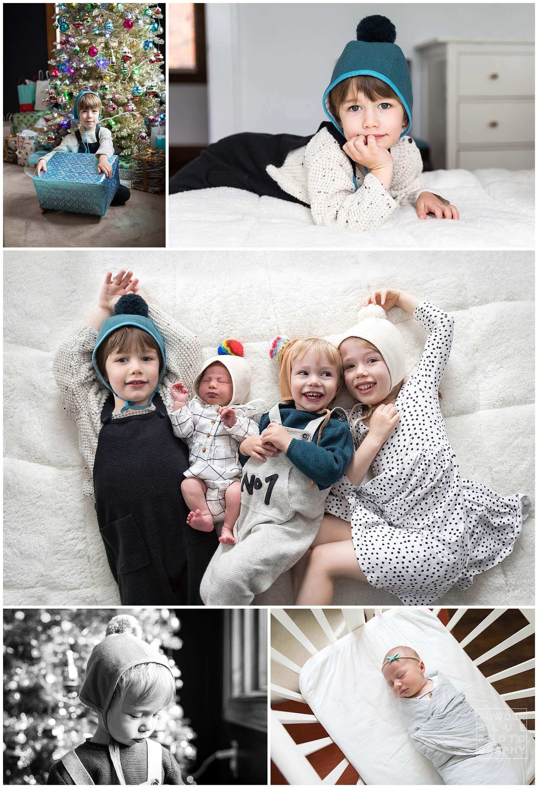pittsburgh newborn photography session with four kids. pom bonnets.