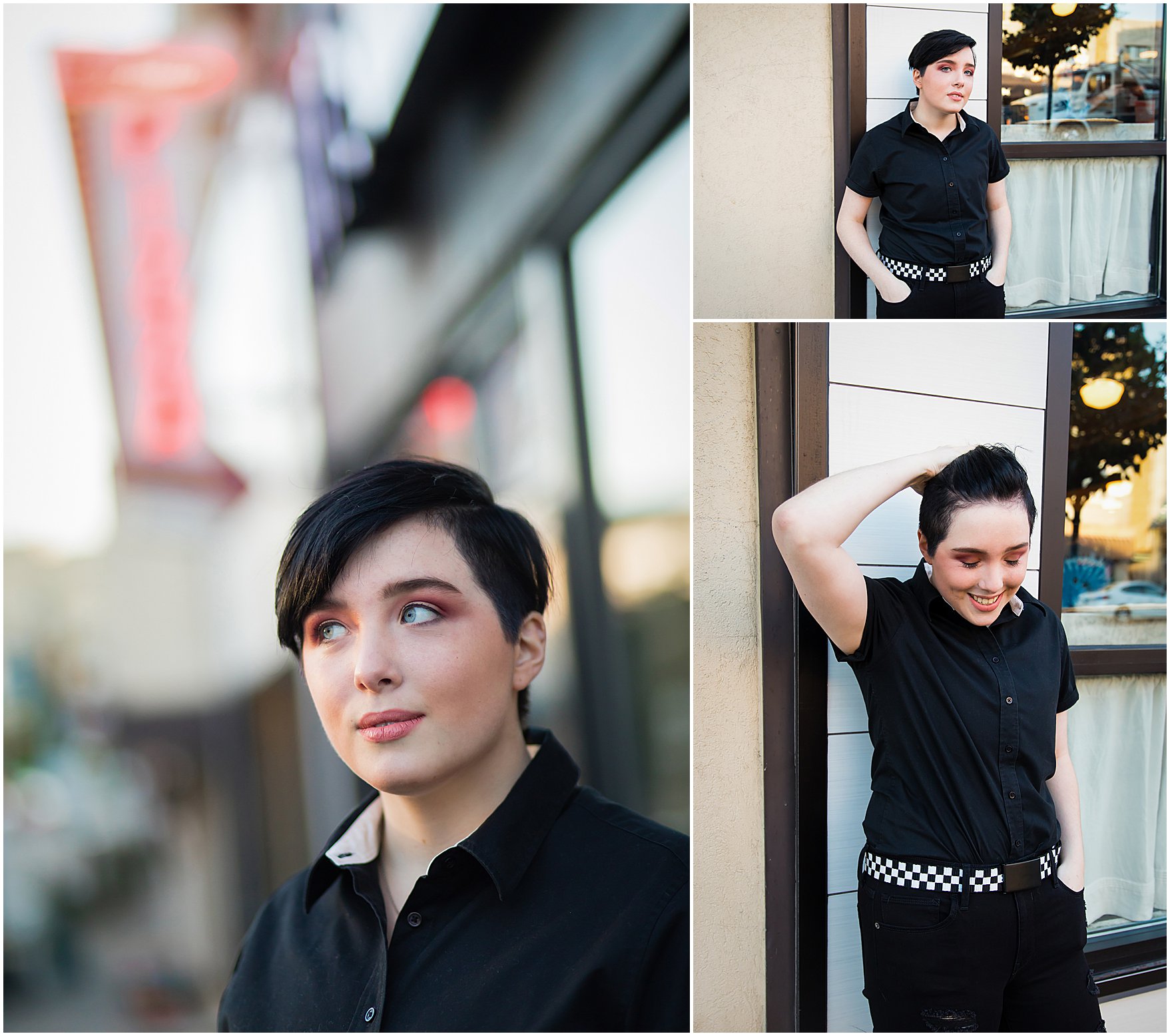 trans high school student leaning against urban area wall